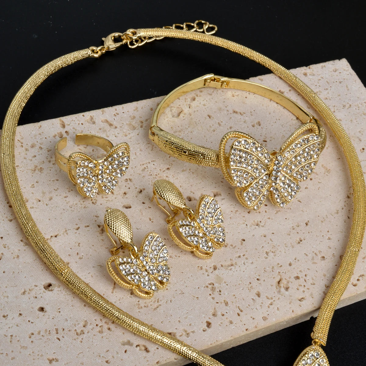 Luxury jewelry 18K Gold Plated Zircon Necklace Earrings Ring Bracelet butterfly shining jewelry sets for women