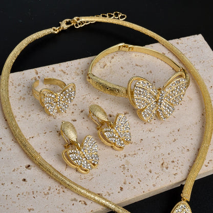 Luxury jewelry 18K Gold Plated Zircon Necklace Earrings Ring Bracelet butterfly shining jewelry sets for women