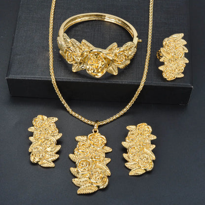 Fashion Dubai Luxury 14K Gold Plated Flower bracelet necklace ring earring Jewelry Set