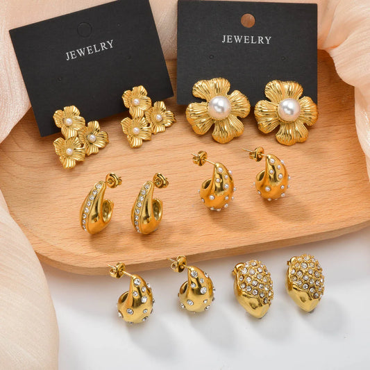 New Arrival Fashion Custom Waterproof 18k Gold Plated Stainless Steel Zircon Pearl Flower Water Drop Earrings Women