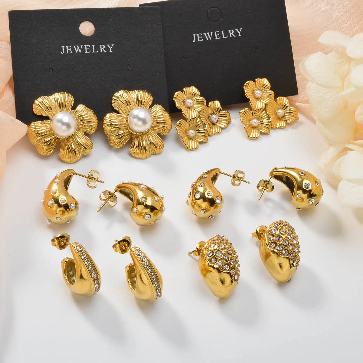 New Arrival Fashion Custom Waterproof 18k Gold Plated Stainless Steel Zircon Pearl Flower Water Drop Earrings Women