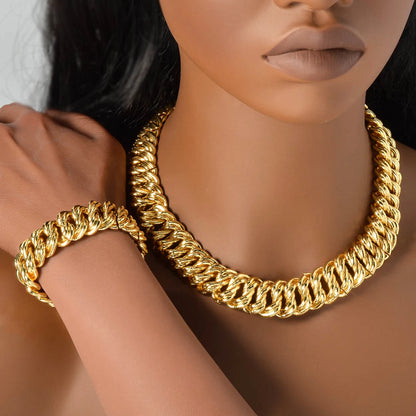 Custom Luxury 18k Gold Plated Copper chunky link chain Necklace and Bracelet Jewelry Sets Women