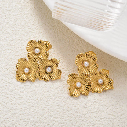 New Arrival Fashion Custom Waterproof 18k Gold Plated Stainless Steel Zircon Pearl Flower Water Drop Earrings Women