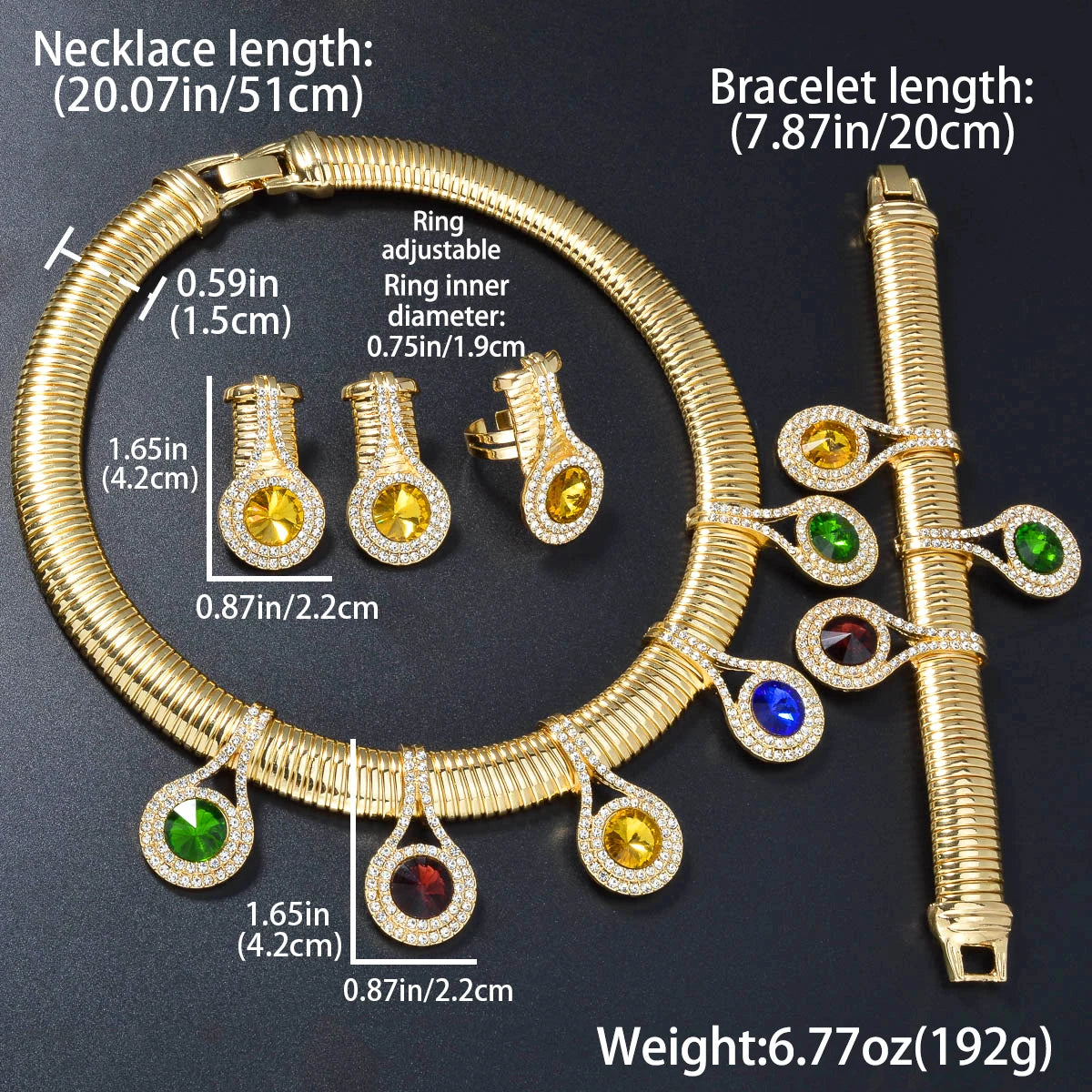 Bohemian luxury 14K gold plated zircon earring ring Necklace And Bracelet Jewellery Sets