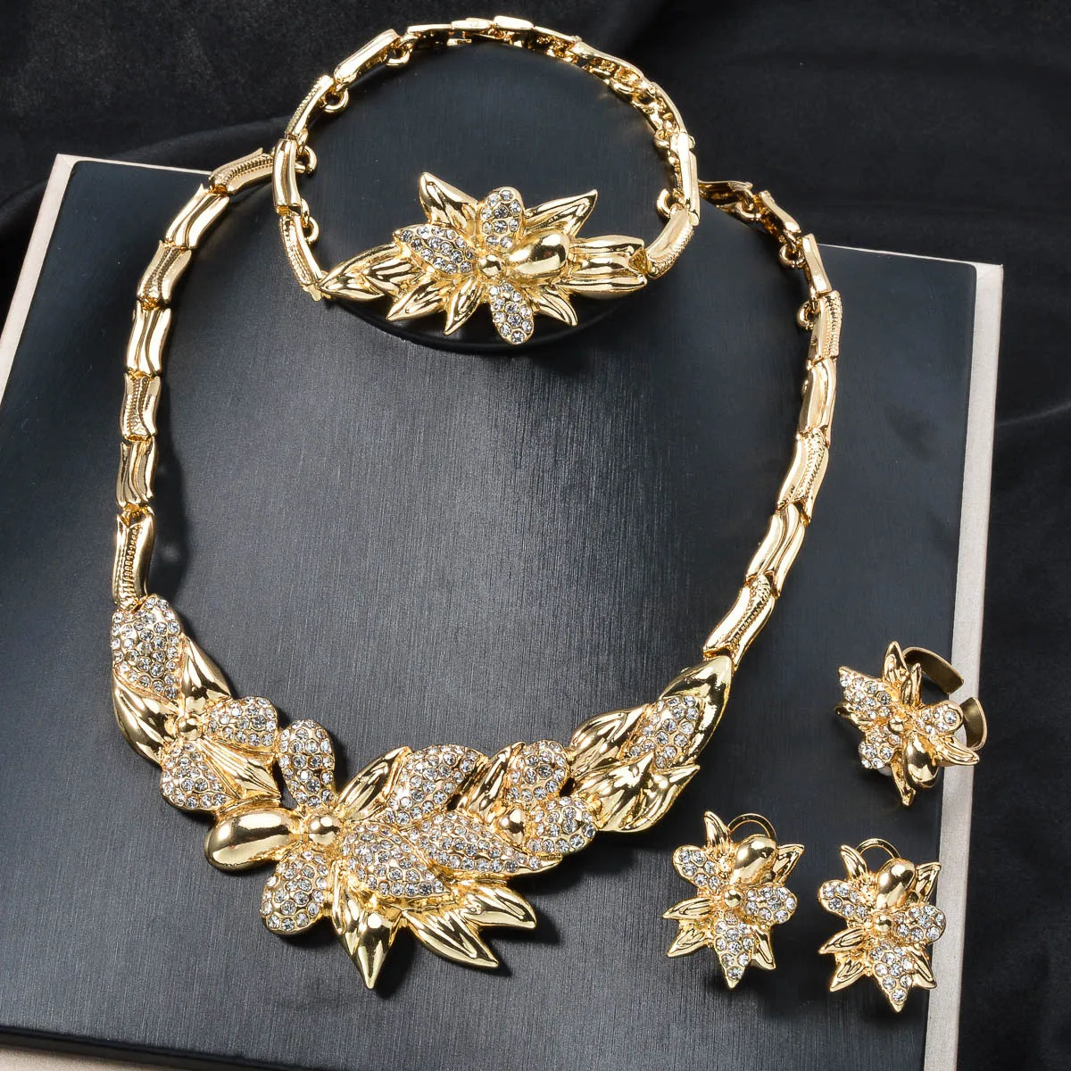 Fashion jewelry Dubai Statement 14k Gold Plated Flower zircon bracelet ring necklace earring jewelry Sets For Women