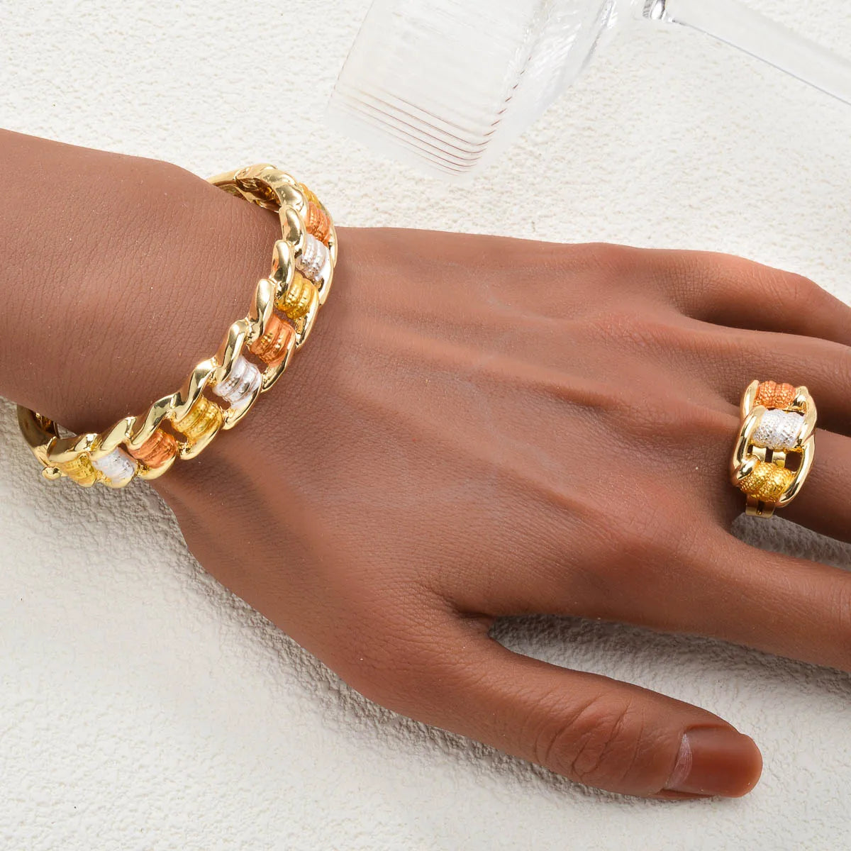 Fashion Dubai Luxury 14K Gold Plated bracelet necklace ring earring Jewelry Set