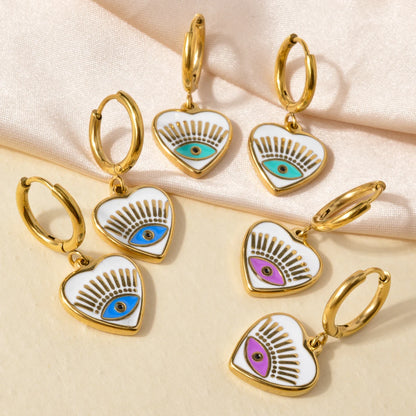 Fashion Luxury Jewelry 18K Gold Plated Stainless Steel Geometric Colorful Oil Eye Heart Drop Huggies Earrings women