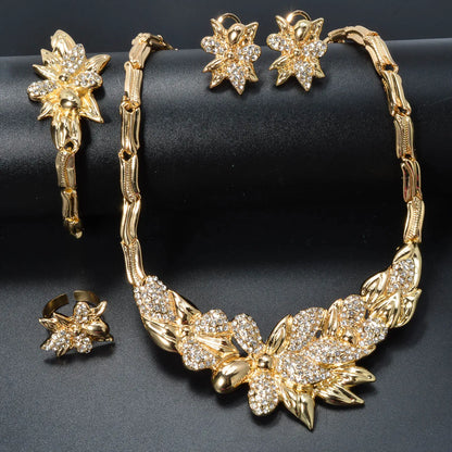 Fashion jewelry Dubai Statement 14k Gold Plated Flower zircon bracelet ring necklace earring jewelry Sets For Women