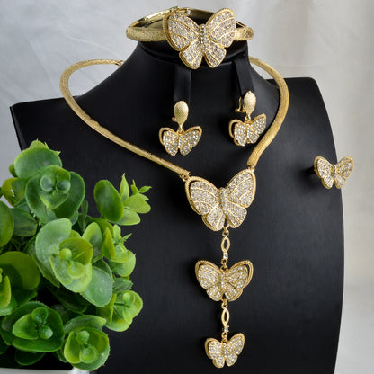 Luxury jewelry 18K Gold Plated Zircon Necklace Earrings Ring Bracelet butterfly shining jewelry sets for women