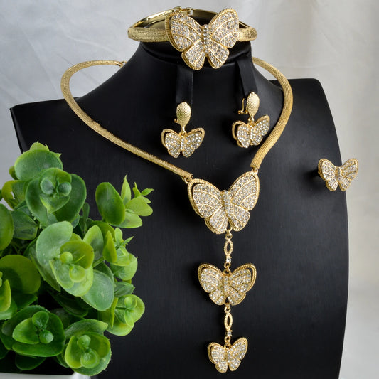 Luxury jewelry 18K Gold Plated Zircon Necklace Earrings Ring Bracelet butterfly shining jewelry sets for women