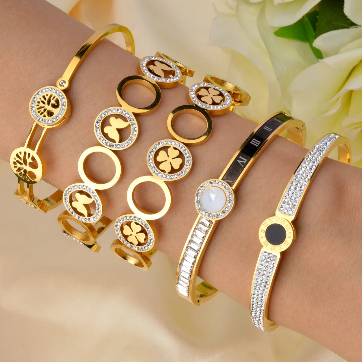 Wholesale Fashion Four Leaf Clover Butterfly Tree Of Life Stainless steel 18k Gold Plated Bracelet Femme