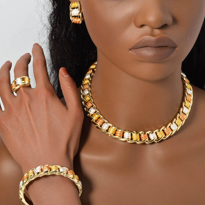 Fashion Dubai Luxury 14K Gold Plated bracelet necklace ring earring Jewelry Set