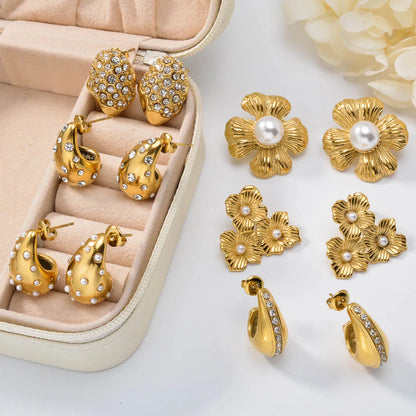 New Arrival Fashion Custom Waterproof 18k Gold Plated Stainless Steel Zircon Pearl Flower Water Drop Earrings Women