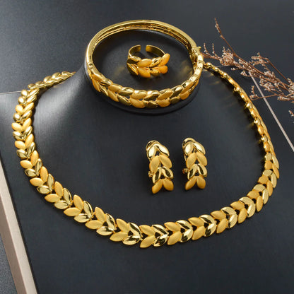 Fashion Dubai Luxury wheat 14K Gold Plated bracelet necklace ring earring Jewelry Set