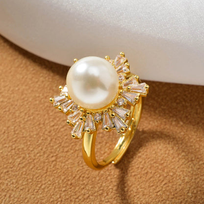 Fashion Simple wholesale Jewelry 18K Gold Plated ball Copper pearl Design Open Adjustable Size zircon Rings Women