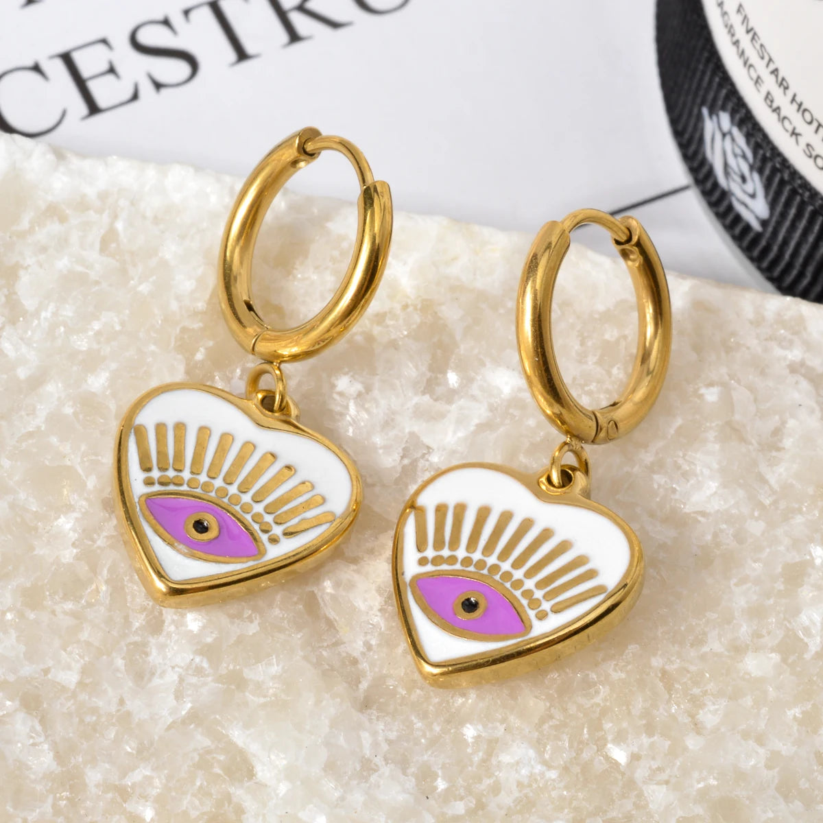 Fashion Luxury Jewelry 18K Gold Plated Stainless Steel Geometric Colorful Oil Eye Heart Drop Huggies Earrings women