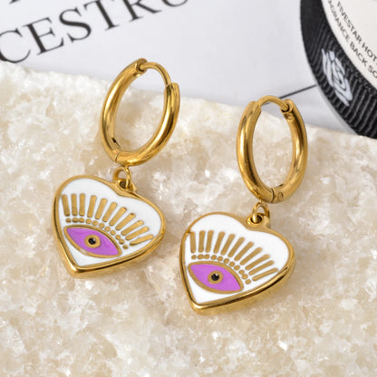 Fashion Luxury Jewelry 18K Gold Plated Stainless Steel Geometric Colorful Oil Eye Heart Drop Huggies Earrings women