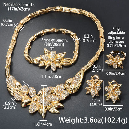 Fashion jewelry Dubai Statement 14k Gold Plated Flower zircon bracelet ring necklace earring jewelry Sets For Women