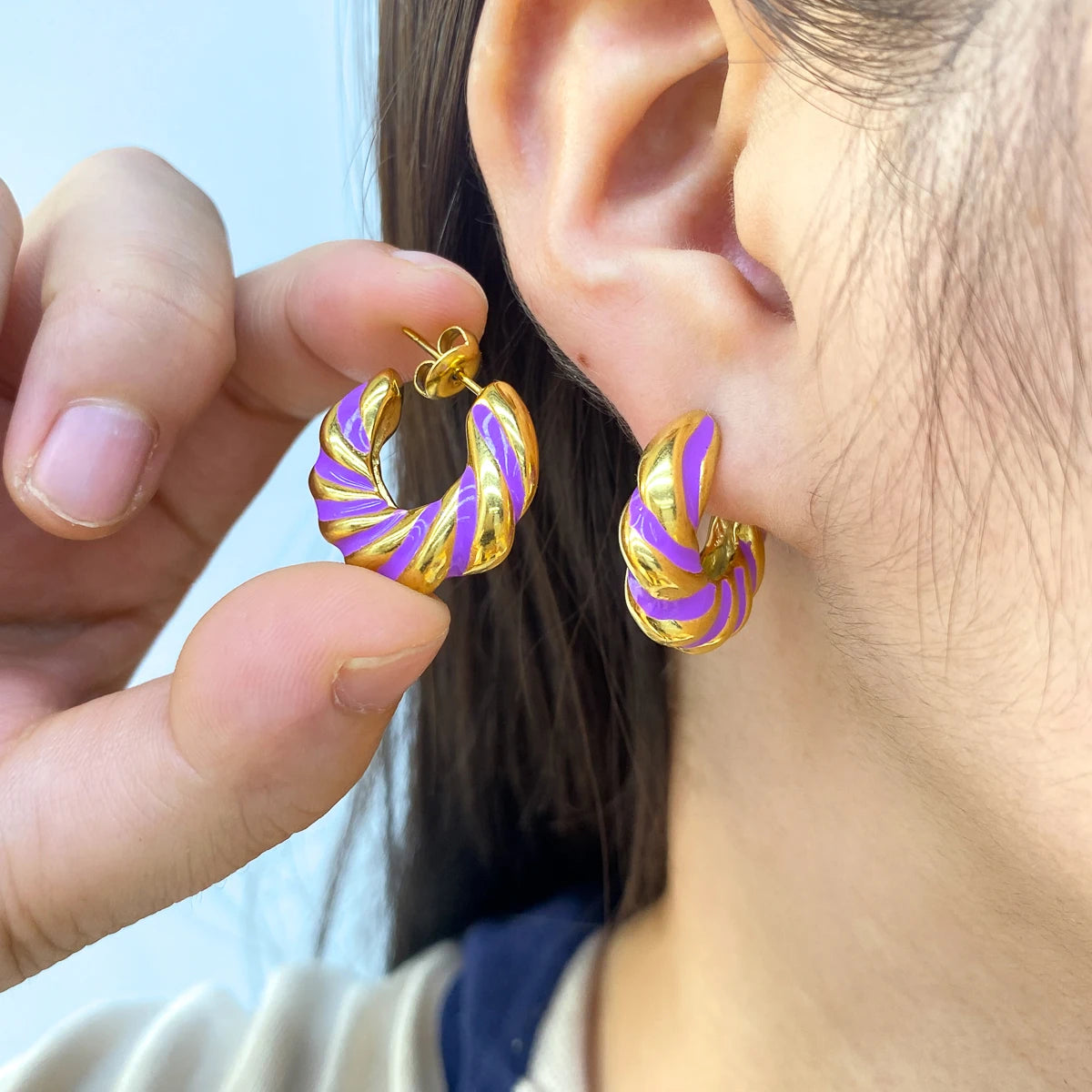 Ins Fashion Wholesale Jewelry Gold Plated Stainless Steel Geometric Earrings No Fade Colorful Enamel C Shaped Drop Earrings