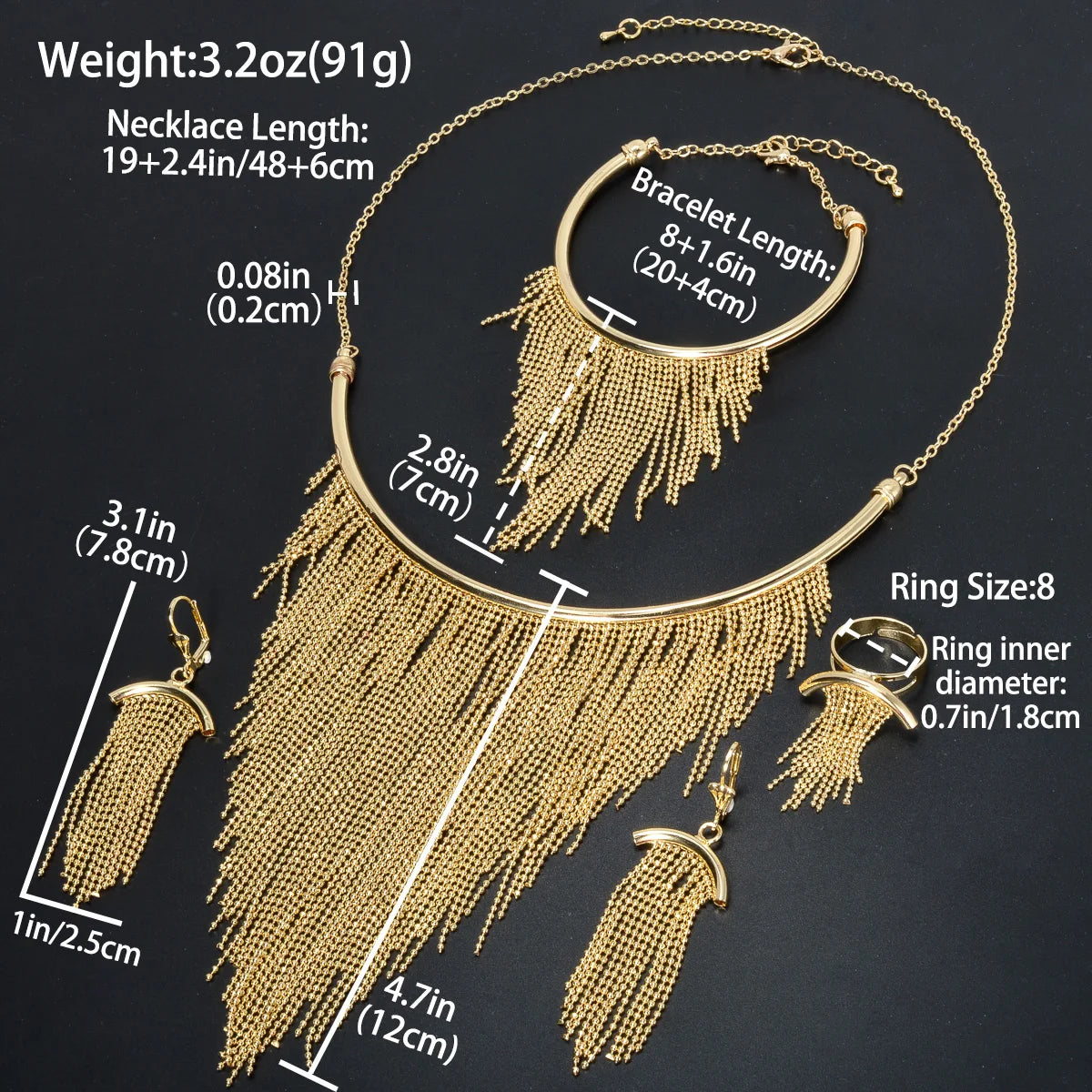 Fashion jewelry 18k Gold Plated Tassels Earring Necklace Bracelet Wedding Bride jewelry Sets For Women