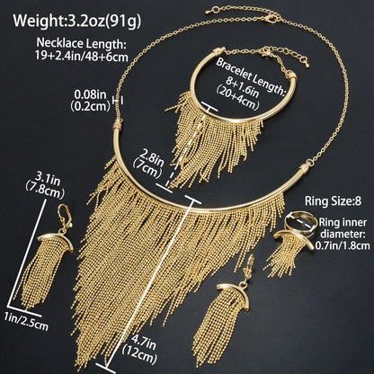 Fashion jewelry 18k Gold Plated Tassels Earring Necklace Bracelet Wedding Bride jewelry Sets For Women