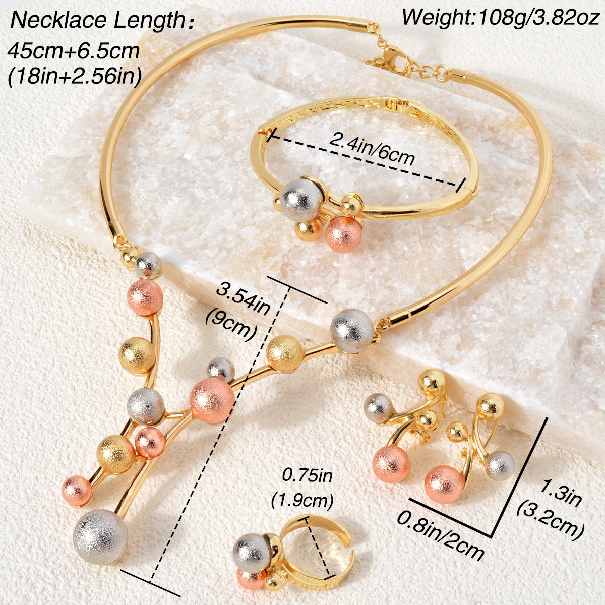 Luxury 4 Piece Womens Full 14K Gold Plated Pictures Ball Necklace And Earrings Jewelry set