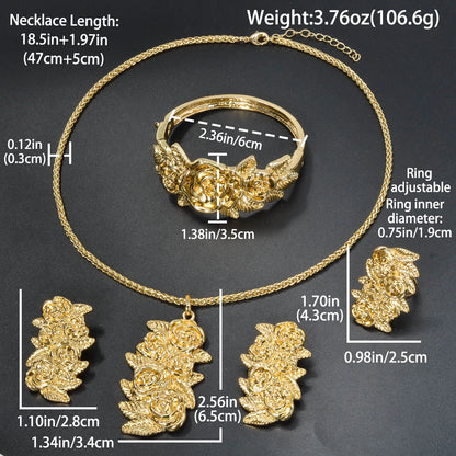 Fashion Dubai Luxury 14K Gold Plated Flower bracelet necklace ring earring Jewelry Set