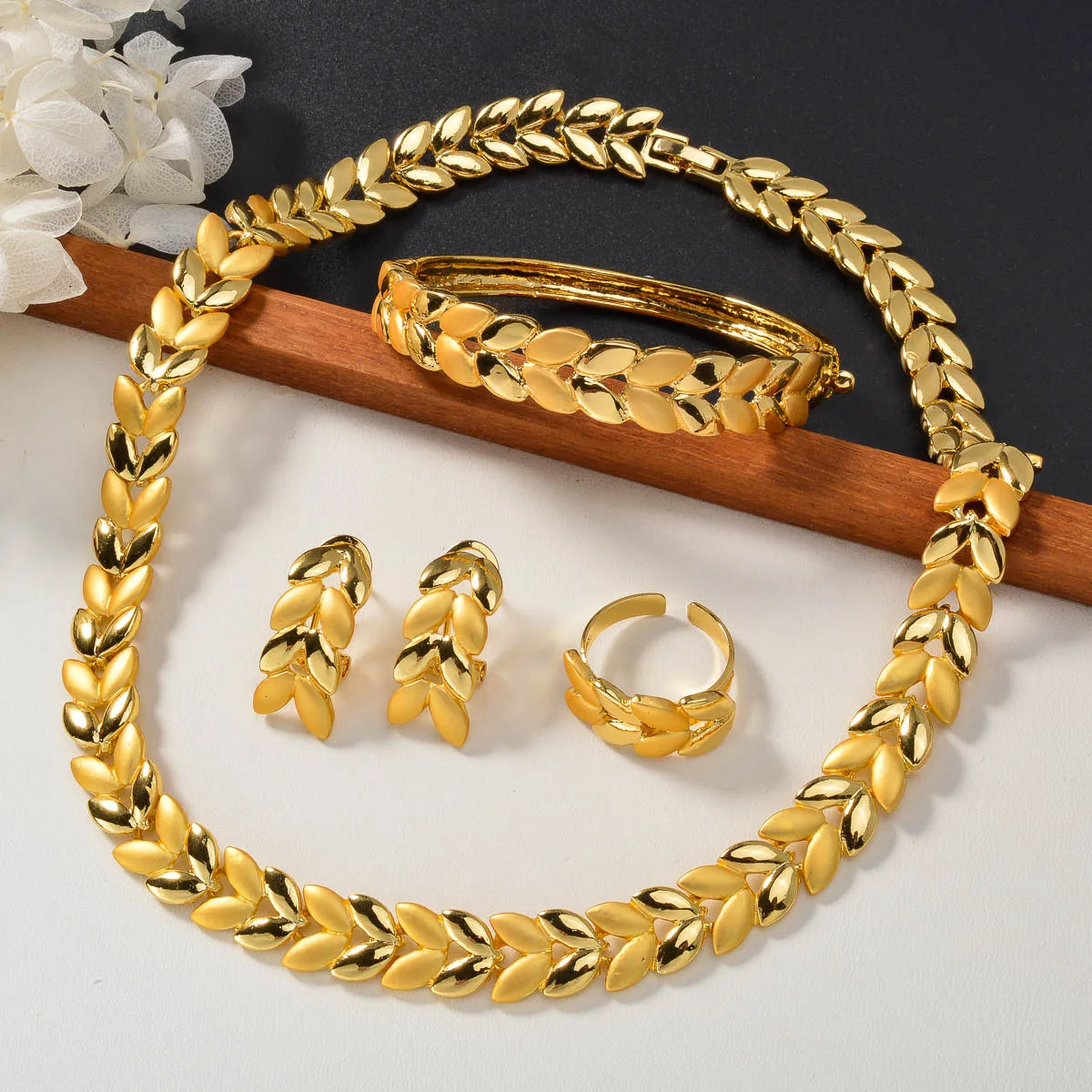 Fashion Dubai Luxury wheat 14K Gold Plated bracelet necklace ring earring Jewelry Set