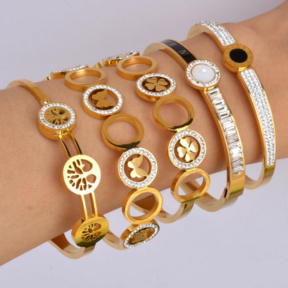 Wholesale Fashion Four Leaf Clover Butterfly Tree Of Life Stainless steel 18k Gold Plated Bracelet Femme