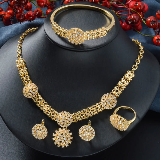 New Arrival 14k gold plated zircon Necklace Earrings Ring Bracelet Bridal Jewelry Sets for Women