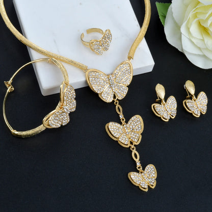Luxury jewelry 18K Gold Plated Zircon Necklace Earrings Ring Bracelet butterfly shining jewelry sets for women