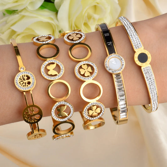 Wholesale Fashion Four Leaf Clover Butterfly Tree Of Life Stainless steel 18k Gold Plated Bracelet Femme