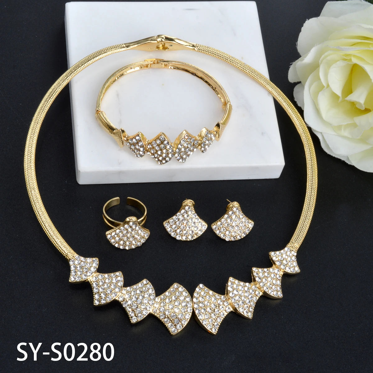 Luxury jewelry high quality 18K Gold Plated Zircon Necklace Earrings Ring Bracelet jewelry sets for women