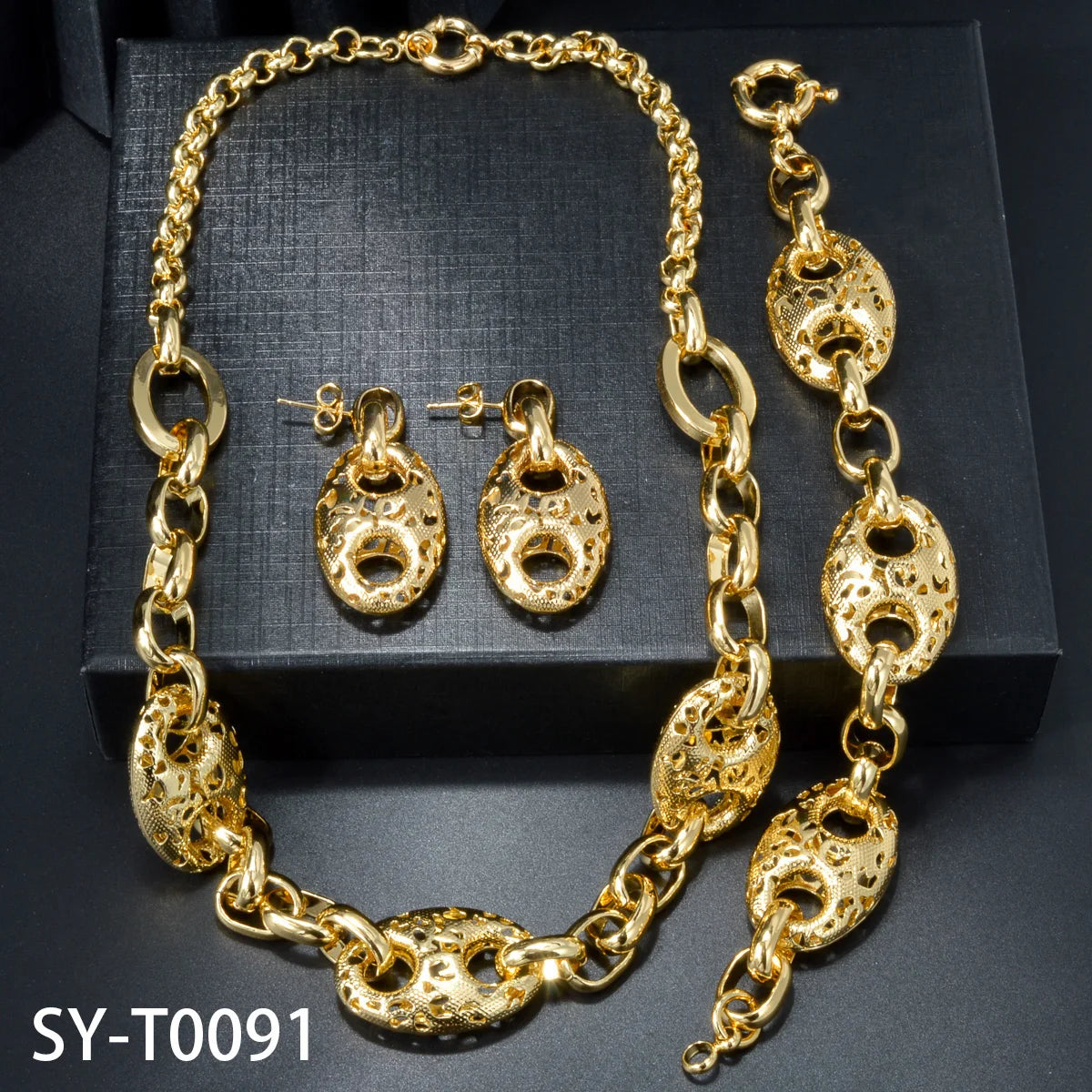 Custom Wholesale Jewellery Fashion Dubai Gold Plated Luxury Bridal Wedding Earring Bracelet Necklace Jewelry Sets Women
