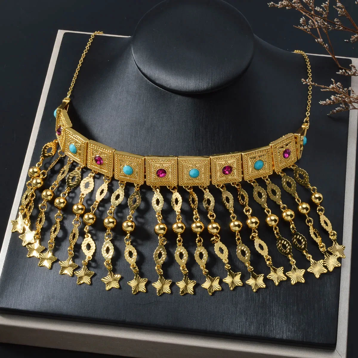 Dubai Jewelry Sets Tassels Necklaces Classic Chain Star Charms Cuban Romantic Links Birthday Gift for Women Gold Color  Pendant