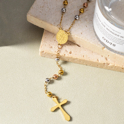 Pendant Beaded Y Drop Cross Necklace Waterproof Stainless Steel Long Lariat Chain Women Religious Faith Daily Wear Jewelry