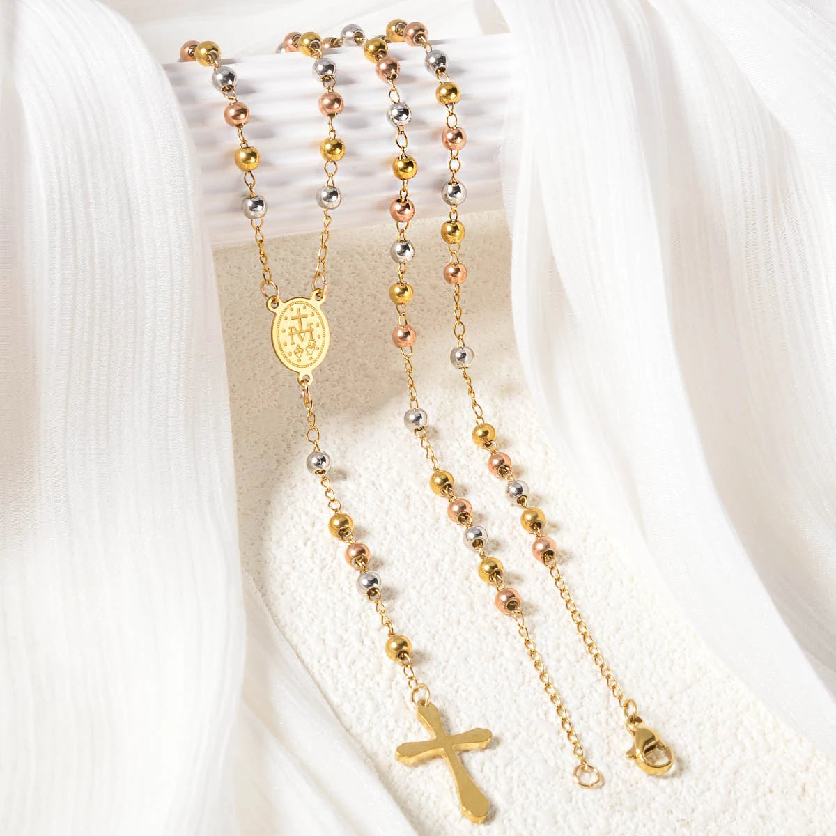Pendant Beaded Y Drop Cross Necklace Waterproof Stainless Steel Long Lariat Chain Women Religious Faith Daily Wear Jewelry