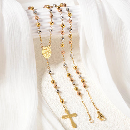 Pendant Beaded Y Drop Cross Necklace Waterproof Stainless Steel Long Lariat Chain Women Religious Faith Daily Wear Jewelry