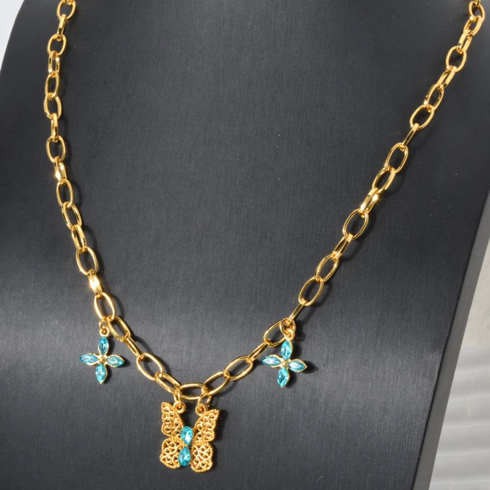 ZEADear Jewelry Butterfly Charm Zircon Necklace Four Leaf Clover Clavicle Link Chain Pendant Necklace Lady Party Wedding Gift