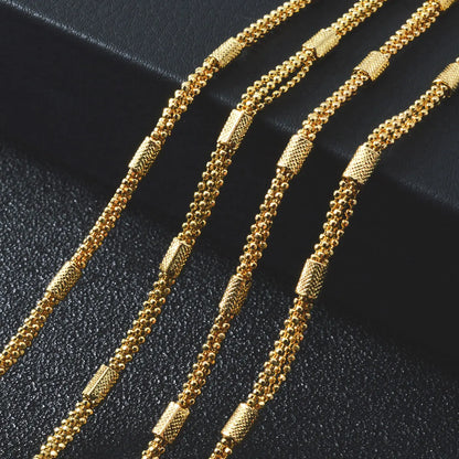 Textured Beaded Tube Link Necklace Shiny Gold Tone Copper Chain Unisex Fashion Jewelry Daily Outfit Wedding Anniversary Gift