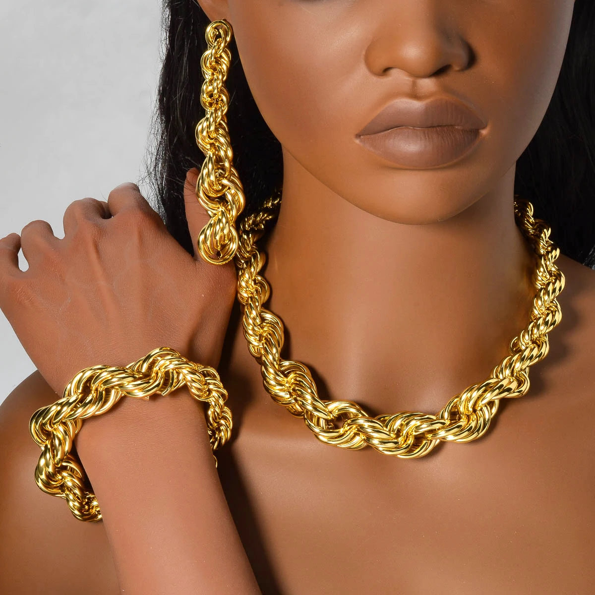 ZEADear Hip Hop Jewelry Set Exaggerated Necklace Thick Bracelet on Hand Punk Earrings Copper Metal Drop Earring