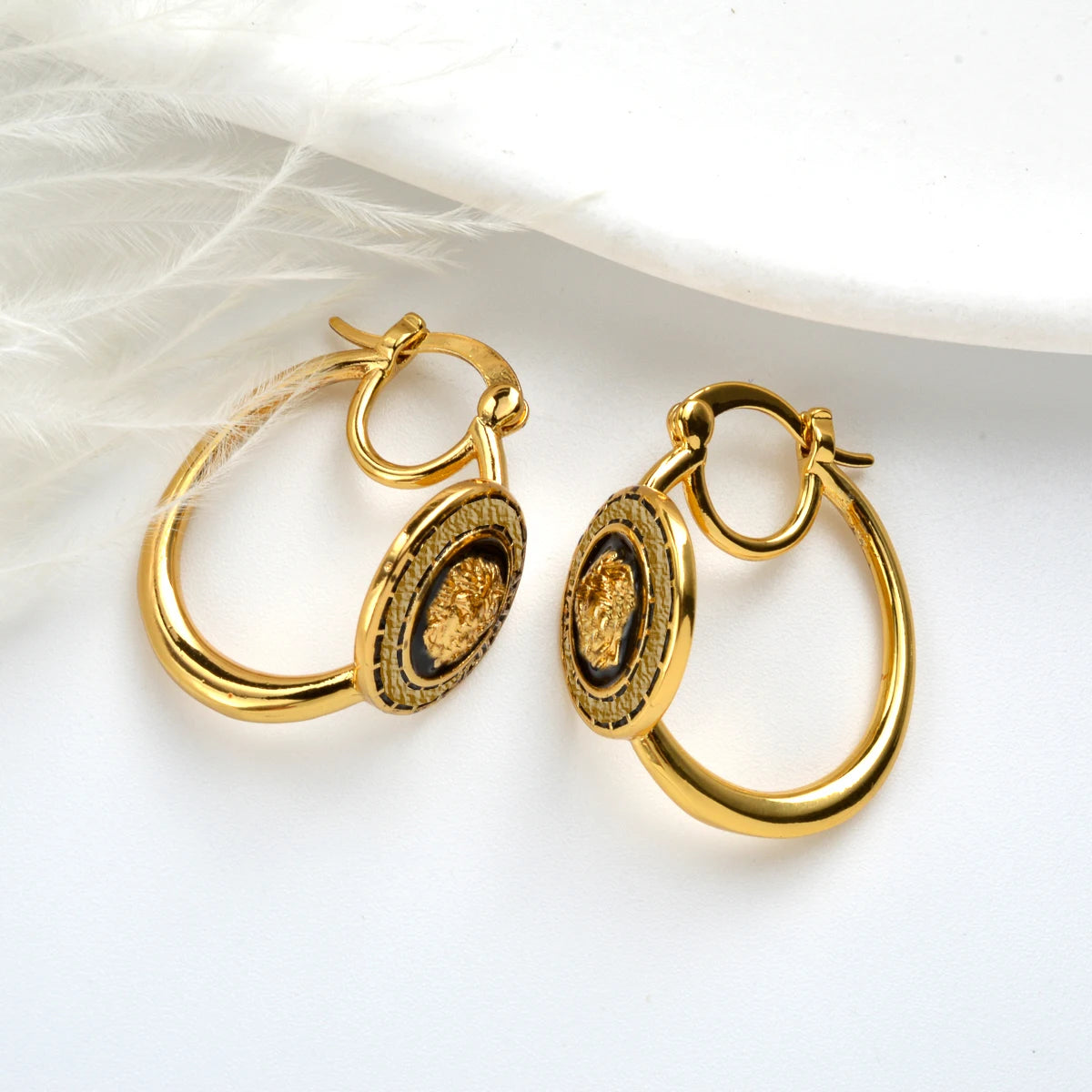Nigeria Africa 18K Gold Color Hoop Earrings Golden Silvery Black Enamel Earring Italian Dubai Wedding Women Men Jewelry Gift