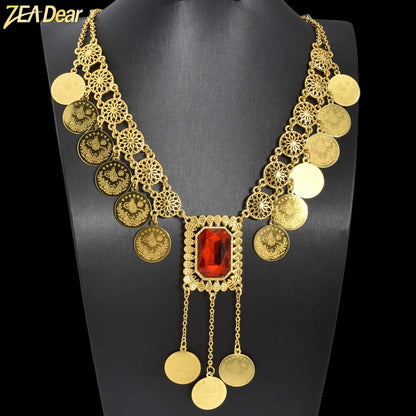 Zeadear Indian Necklace For Women Long Necklace Tassel Round Turkish Coin Pendant Neck Chain Ethiopia Bride Party Jewellery Gift