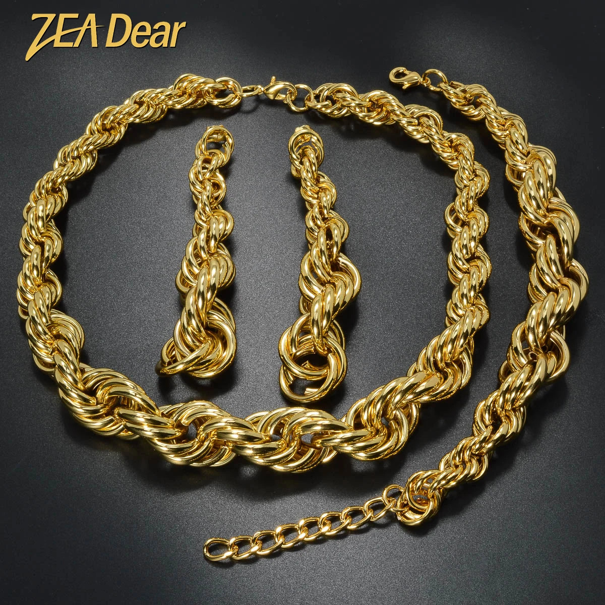 ZEADear Hip Hop Jewelry Set Exaggerated Necklace Thick Bracelet on Hand Punk Earrings Copper Metal Drop Earring