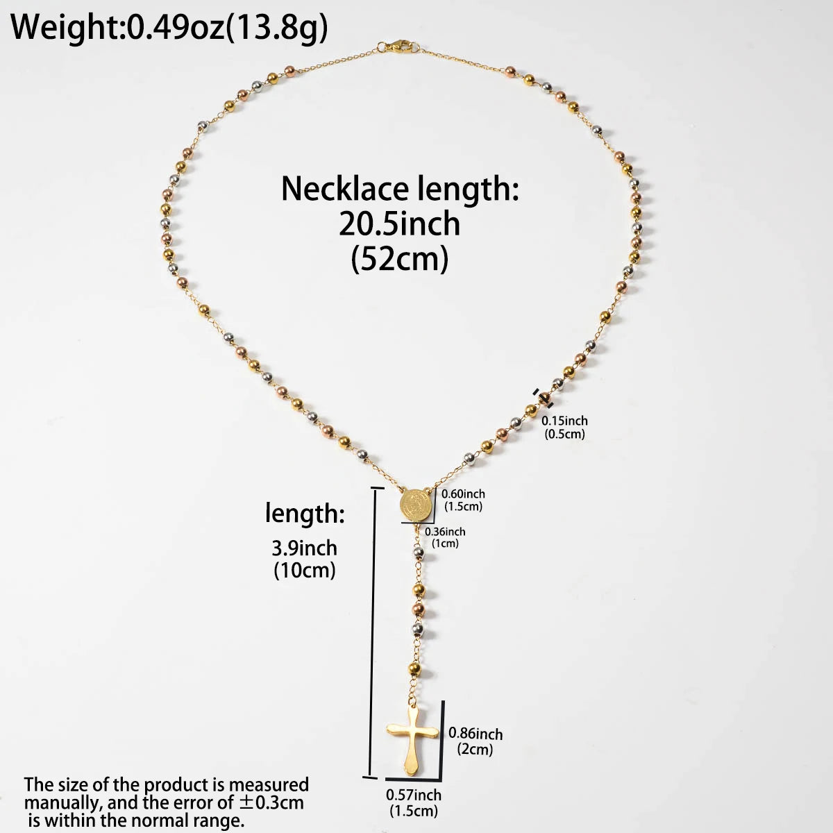 Pendant Beaded Y Drop Cross Necklace Waterproof Stainless Steel Long Lariat Chain Women Religious Faith Daily Wear Jewelry