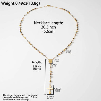 Pendant Beaded Y Drop Cross Necklace Waterproof Stainless Steel Long Lariat Chain Women Religious Faith Daily Wear Jewelry