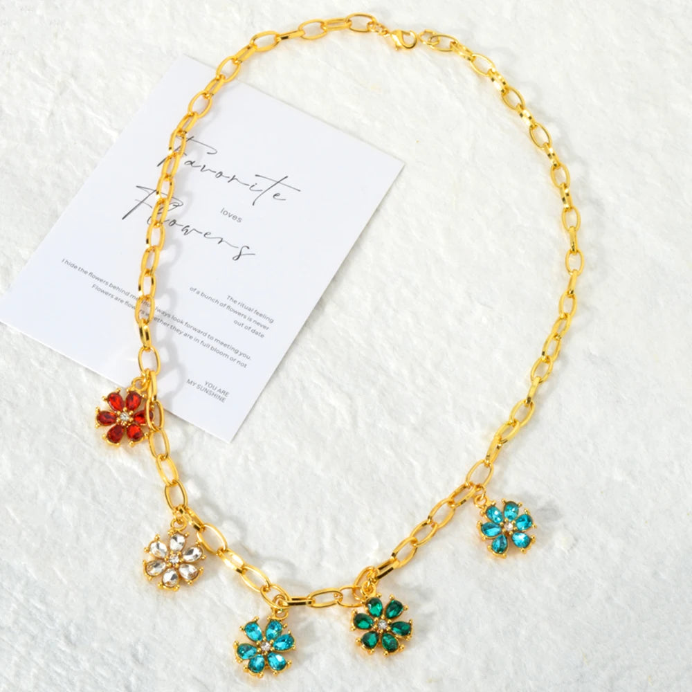 ZEADear Jewelry Colorful Flower Charm Zircon Necklace Clavicle Link Chain Crystal Pendant Necklace Lady Party Wedding Lover Gift