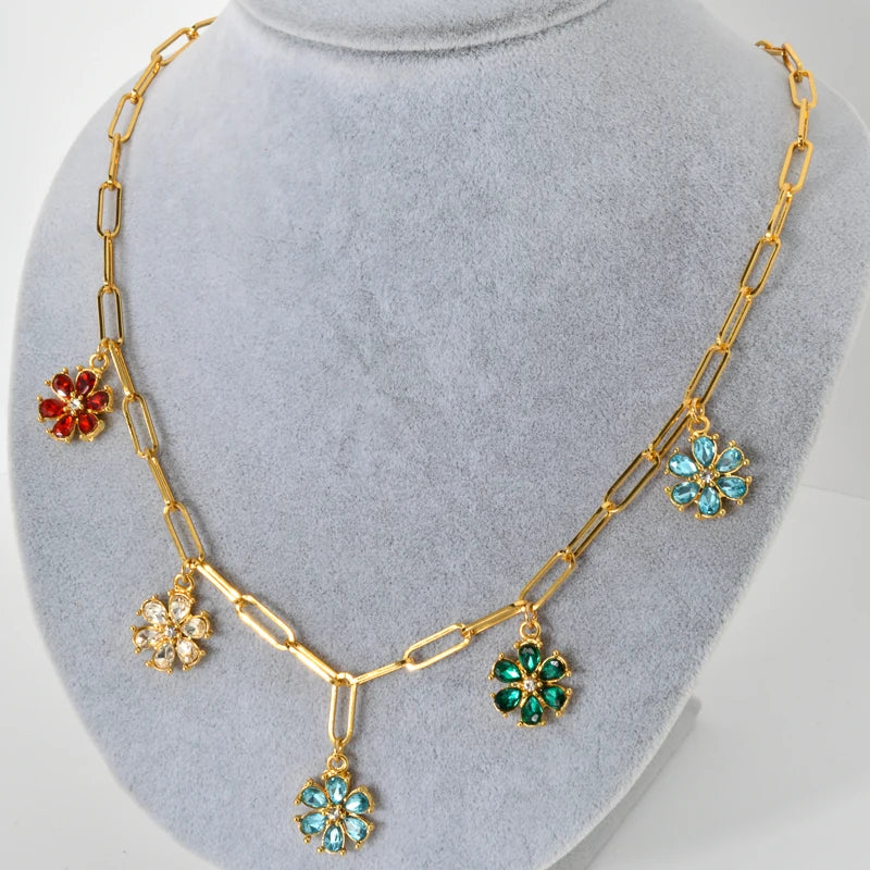 ZEADear Jewelry Colorful Flower Charm Zircon Necklace Clavicle Link Chain Crystal Pendant Necklace Lady Party Wedding Lover Gift