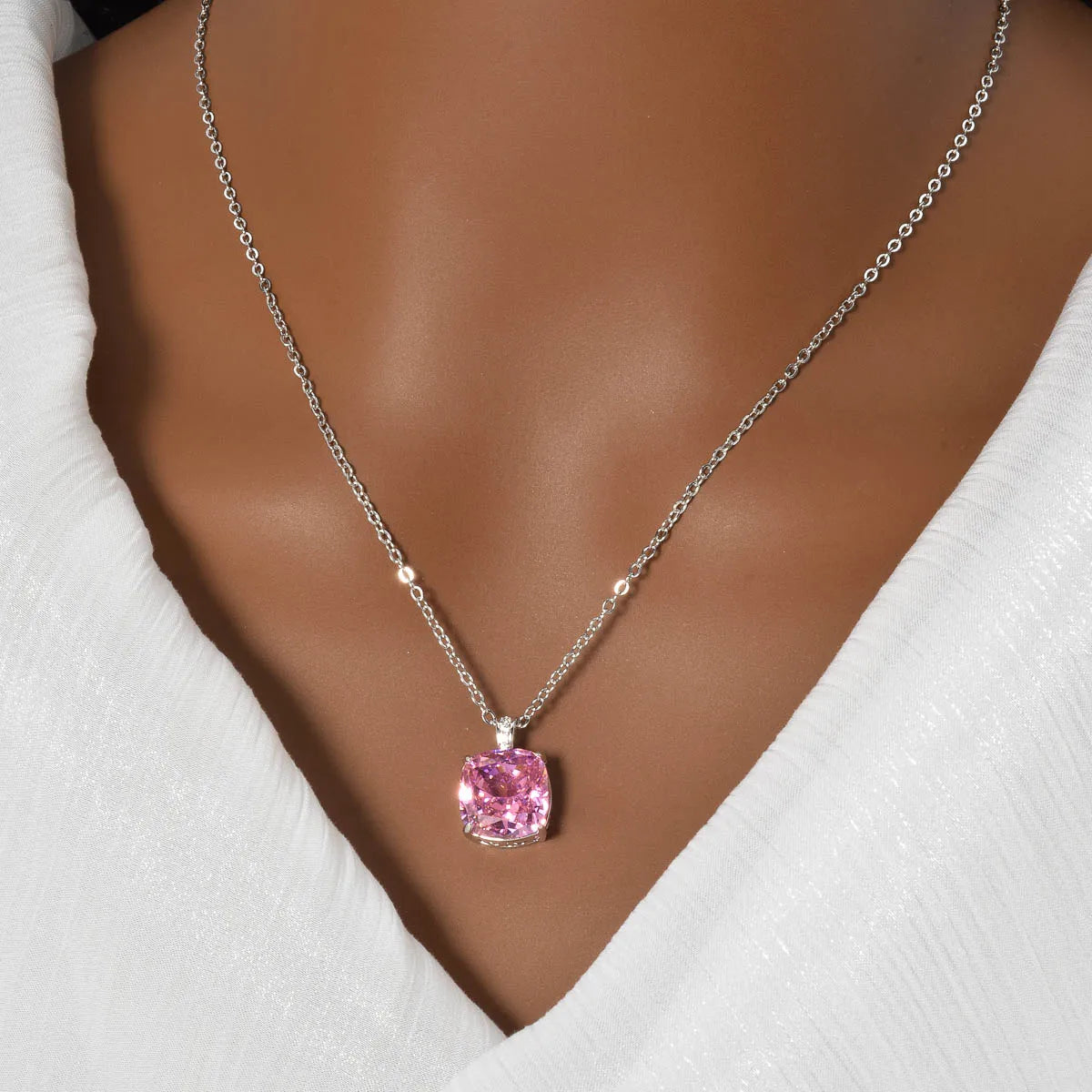 ZEADear Elegant Pendant Gift for Girl Square Shiny Zircon Necklace Copper Metal Chain High Quality Jewelry Neck Charms Women