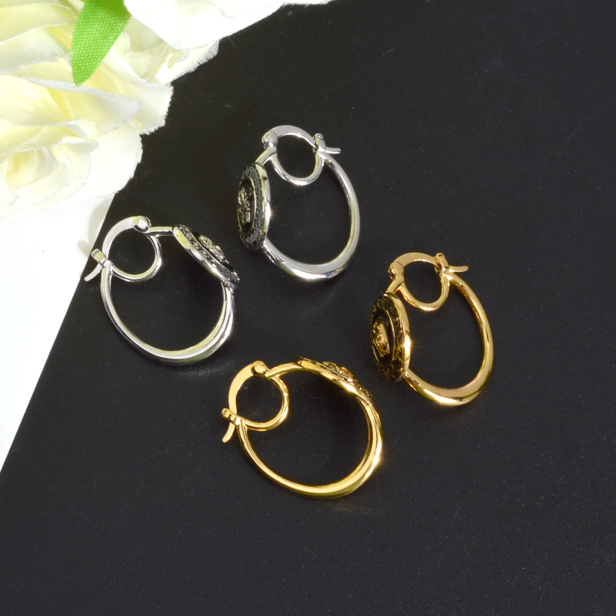 Nigeria Africa 18K Gold Color Hoop Earrings Golden Silvery Black Enamel Earring Italian Dubai Wedding Women Men Jewelry Gift